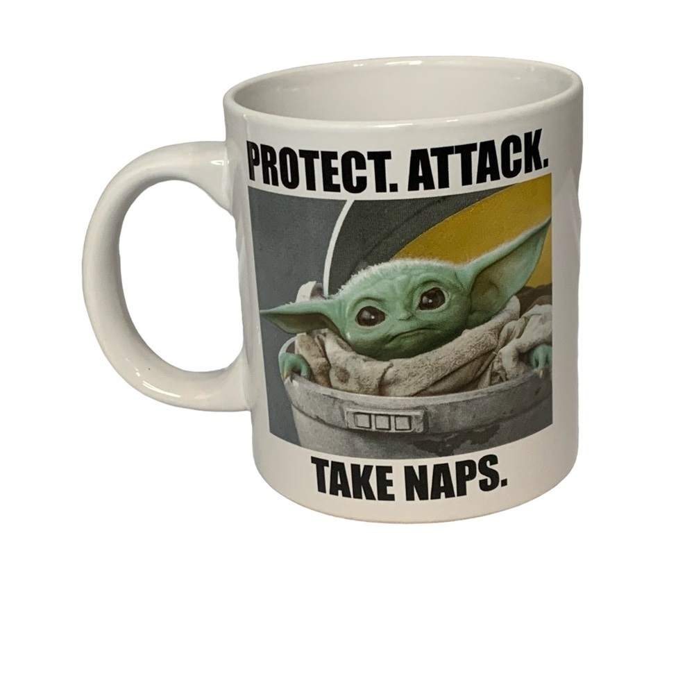 STAR WARS & ™️Lucasfilm Ltd. Yoda Attack. Protect. Take Naps. 20oz‎ coffee cup.